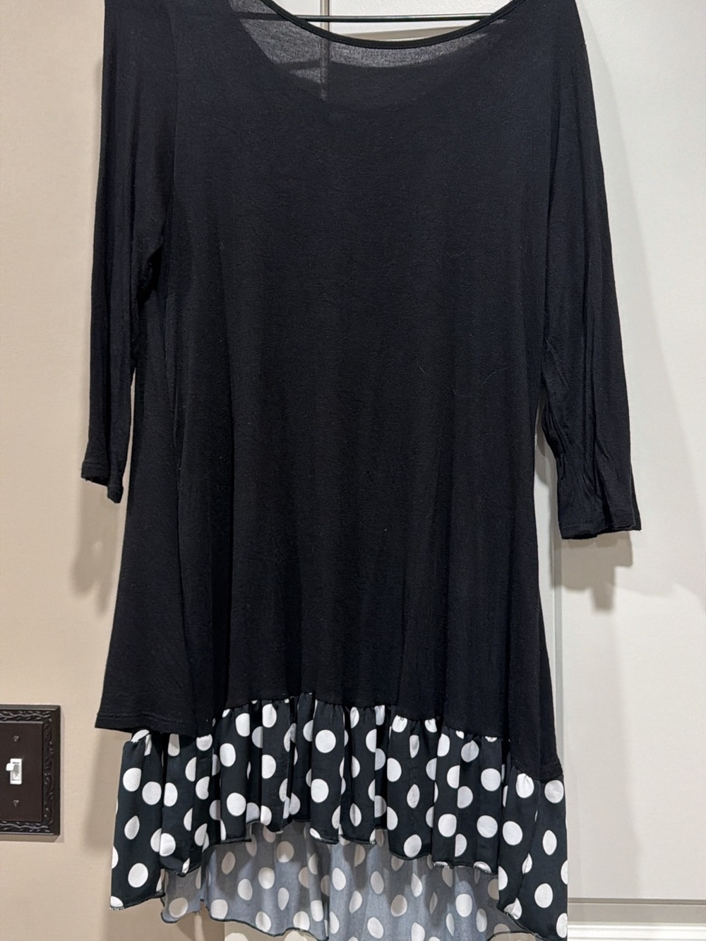 Black Tunic Top with Polka Dot Ruffle Hem